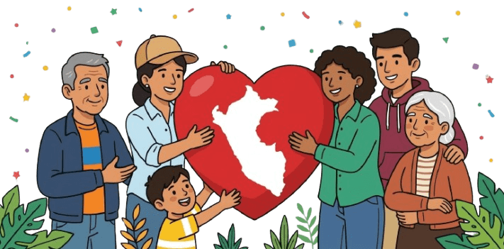 Ciudadanos peruanos sosteniendo juntos un corazón con el mapa del Perú